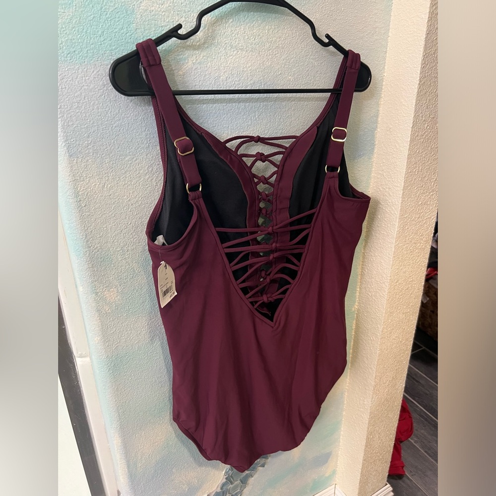 NWT Aqua Green Burgundy One Piece Bathing Suit - Picture 7 of 9